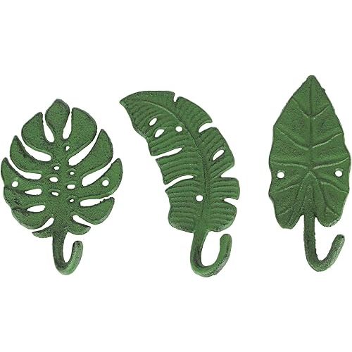 Zeckos Set of 3 Cast Iron Green Tropical Leaf Decorative Wall Hooks - Functional and Stylish - 6 Inches High - Beach Elegance - Perfect for Towels, Coats, and More