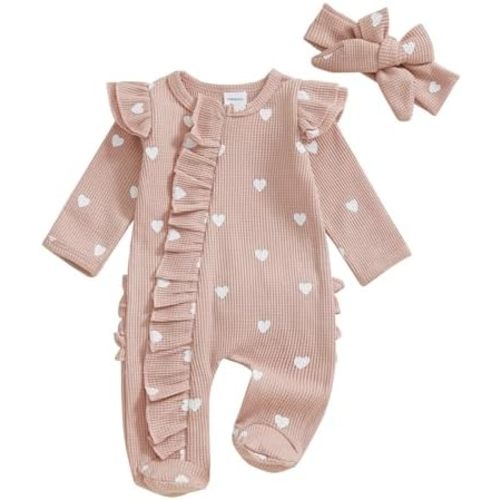 Newborn Baby Girl Valentines Outfit Ruffle Heart Print Romper Waffle Jumpsuit Coming Home Outfit