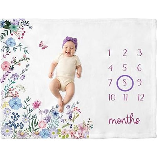 Baby Monthly Milestone Blanket 50" x 40" – Plush Fleece Watercolor Floral Photo Backdrop, Wrinkle Free Baby Age Month Blanket with Growth Chart Includes Marker, Wreath & Headband