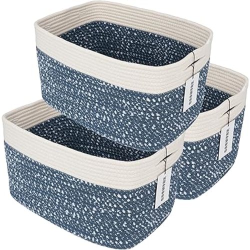 White and Blue Cotton Rope storage Basket Bins Woven Basket for Organizing Shelves Rectangle Decorative Baskets For storage Books Towels Wicker Nursery basket organizer Set of 3