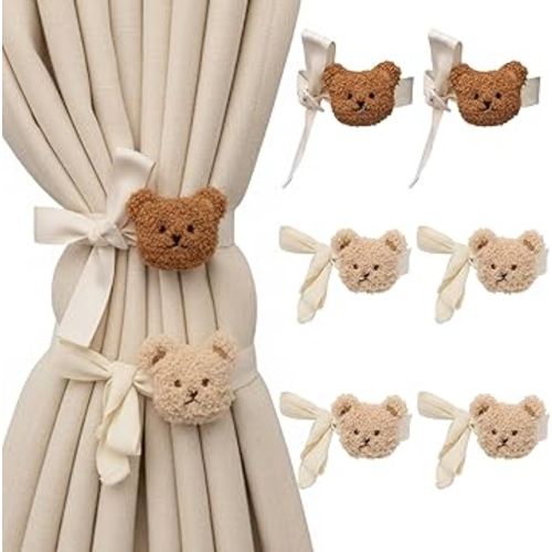 Teddy Bear Nursery Decor, 6Pcs Cute Bear Curtain Ties,Brown Bear Shaped Curtain Holdbacks for Kids Room, Nursery, Home Window Treatment