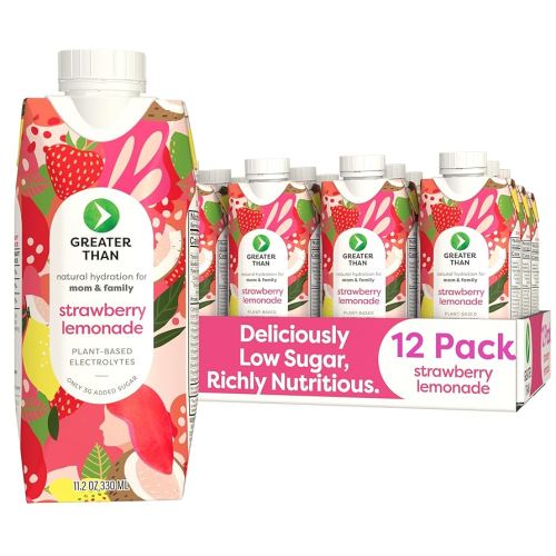 Greater Than Nutrient Hydration Beverage, Electrolyte Drink for Gut Health & Energy with Coconut Water, Vitamins, Gluten Free, Plant Based, Low Sugar for Moms and Families, Strawberry Lemonade, 12 Pack