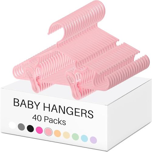 Hsei Nursery Hangers with Clips for Kids Baby Pants Hangers 10/20/40 Newborn Plastic Hanger with 20/40/80 Clip for Closet Toddler Clothes Coat Skirts Socks(Flesh Pink,120 Packs)