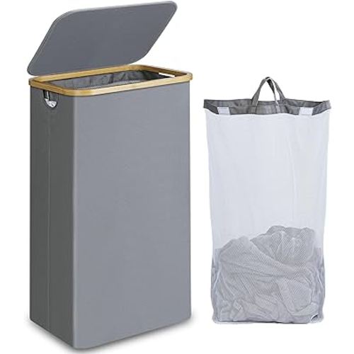 Laundry Basket with Lid, 100L Tall Laundry Basket with Bamboo Handles for Clothes and Toys, Laundry Hamper with Inner Bag for Bedroom, Bathroom and Laundry Room, Silver Grey