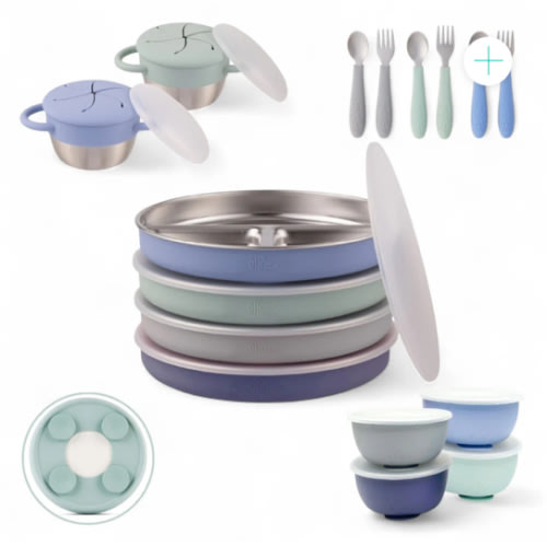 Stainless Steel Mealtime Bundle | Suction Sleeves | Plates, Bowls, Snack Cups + Toddler Utensils | 16 Pcs |  Sage/MistyBlue/Navy/Gray