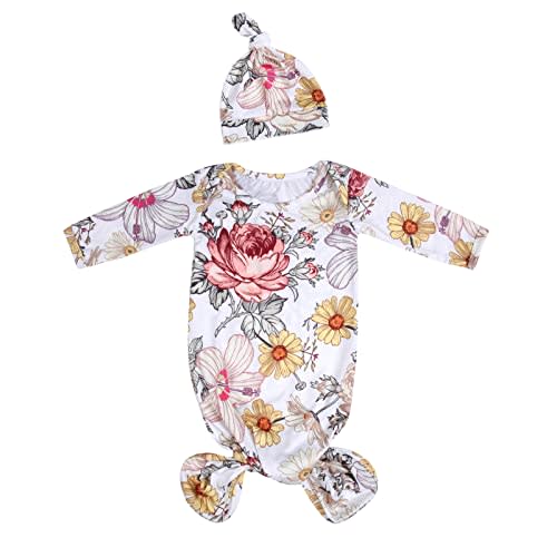 MVUOCR Newborn Baby Girl's Knotted Gowns Floral Baby Sleeper Infant Nightgowns Gift and Soft Coming Home Outfit with Hat