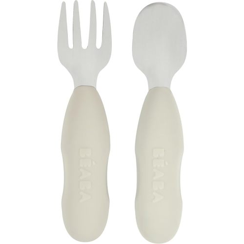 BEABA Set of 2 Stainless Steel Pre-Cutlery Spoon and Fork Set, Baby Toddler Stainless Steel with Silicone Utensil Set, Baby Toddler Spoon Fork Silverware Set, Grey