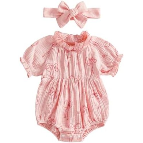 Newborn Baby Girl Cotton Linen Bubble Romper Summer Clothes Vintage Ruffle Short Sleeve Onesie Bodysuits Outfit