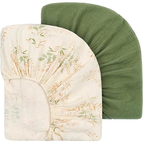 Muslin Mini Crib Sheets 100% Cotton Pack and Play Sheets Fitted for Pack N Play Mattress Neutral Baby Bedding Sheets for Boys Girls 2 Pack Green