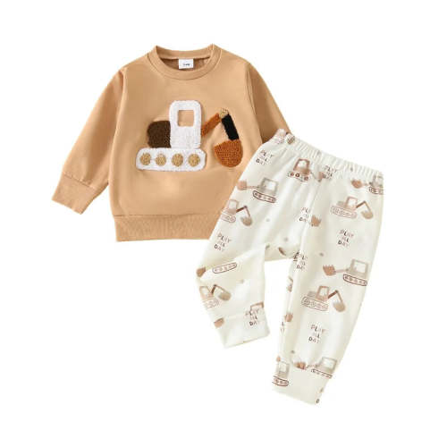 Baby Toddler Boys 2Pcs Outfit Car Tractor Embroidery Long Sleeve Pullo – August + Willow