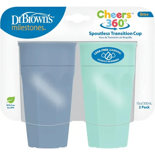 Dr. Brown's Milestones Cheers 360 Training Cup for Toddlers & Babies, Leak-Free Sippy Cup, Blue/Aqua, 10oz/300mL, 9m+, 2 Pack (Colors May Vary)