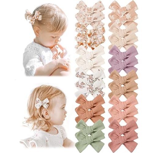 Niceye Baby Hair Clips - 24 Pcs Fully Lined Hair Bow Clips for Fine Hair Cotton Tiny Hair Barrettes for Infants, Toddlers, and Little Girls