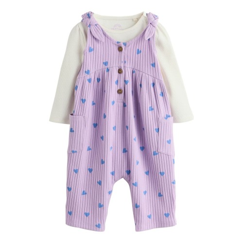 Long Sleeve Bodysuit & Heart Print Overalls Set, 0-3M