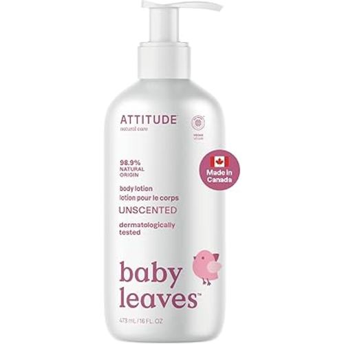 ATTITUDE Baby Lotion, Made in Canada, EWG Verified Moisturizer, Dermatologically Tested Moisturizing Cream, Vegan and Cruelty-Free, Unscented, 473 mL