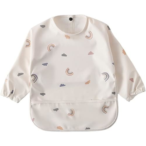 GZMM Waterproof Baby Bibs,Infant Toddler Long Sleeve Feeding Bib With Food Catcher,Easy Clean & Washable