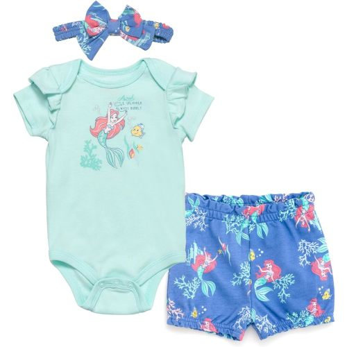 Disney Baby Girls Bodysuit, French Terry Bubble Shorts & Headband 3 Piece Outfit Set Newborn to Infant Sizes (0-24 Months)