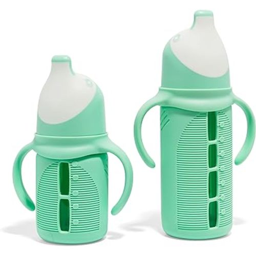Set of 2 Sampler pack - Glass Sippy Cup for Toddlers - 1 Large 8oz & 1 Mini 5 oz cup in Mint Green