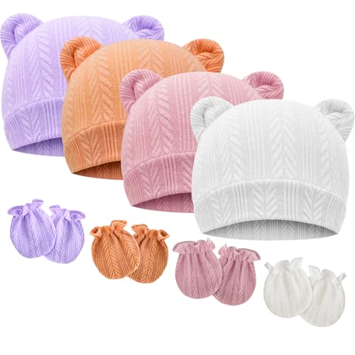 BQUBO Newborn Baby Hats Bear Ears and Mittens Sets Preemie Caps Baby Boy Girl Infant Hospital Beanie for 0-3 Months
