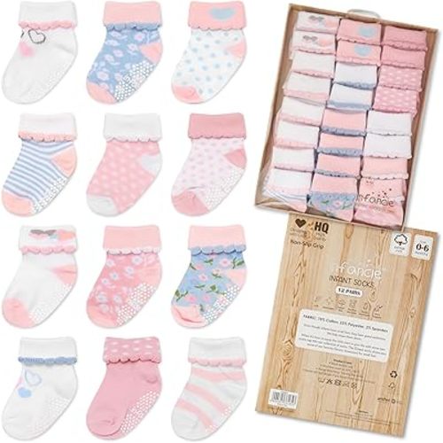 Baby Socks 12 Pairs - Non-Slip Infant Grip for Newborns & Toddlers 0-6 Months, Boys & Girls, Safe for Walking