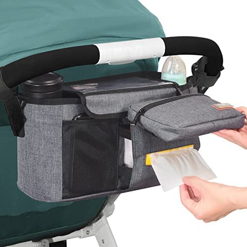 Homlynn Baby Stroller Organizer with Cup Holders, Universal Stroller Accessories Caddy Storage Bag with Detachable Bag & Shoulder Straps for Carrying Diaper, Phone, Keys, Toys & Snacks(Grey)