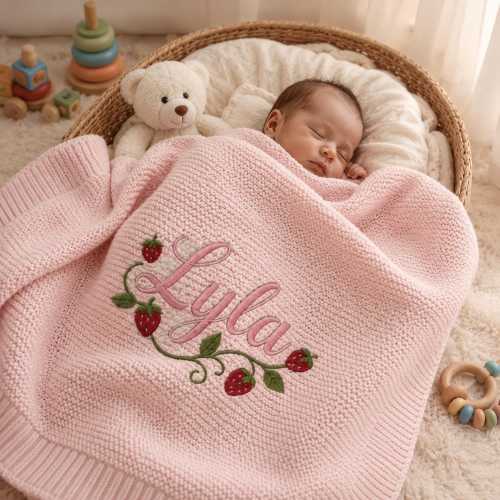 Personalized Strawberry Embroidered Baby Blanket – Custom Name Newborn Blanket, Nursery Keepsake, Baby Shower Gift