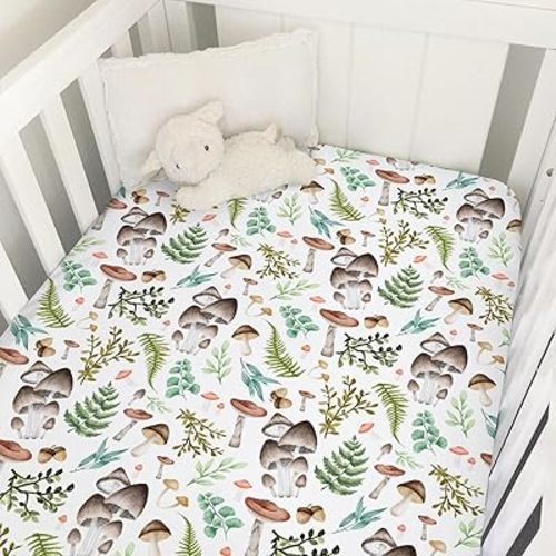Woodland Mushroom Forest Baby Crib Sheets 52''x28'' Watercolor Mushroom Green Leaves Snug Fitted Crib Mattress Cover for Boy Girl Wild Plants Soft Baby Bed Sheets for Standard Crib Toddler Mattress
