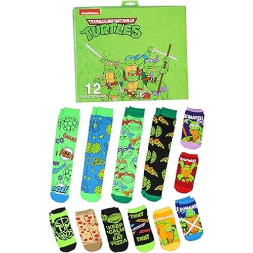 Bioworld Teenage Mutant Ninja Turtles 12 Days of Socks Ankle and Crew Character Socks 12 Pair Designs Box Set