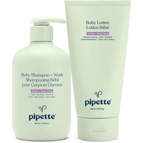 Pipette Baby Bathtime Bundle - Vanilla + Ylang Ylang Shampoo + Wash and Baby Lotion, Tear-Free, Hydration & Natural Moisture of Baby's Delicate Skin, Renewable Plant-Derived Squalane, Sulfate Free