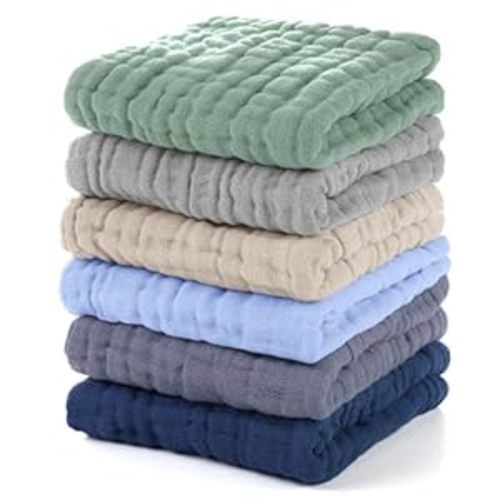 Muslin Baby Washcloths 6 Pack, 100% Cotton Wash Cloths for Babies, Large 12''X12'' Burp Cloths Absorbent and Soft for Newborn Infants Kids Boys Girls - Multicolor