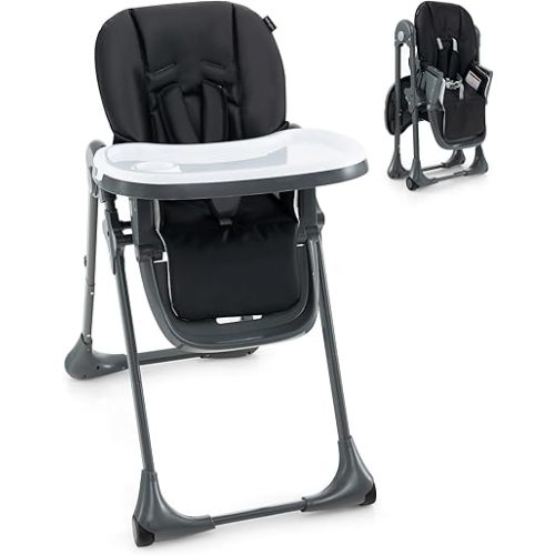 KOTEK Foldable Baby High Chair w/ 7-Position Adjustable Seat Height, Adjustable Backrest, Footrest and Tray, Portable Baby Dining Chair w/ Detachable PU Leather Cushion, Wheels for Infant Toddler (Black)