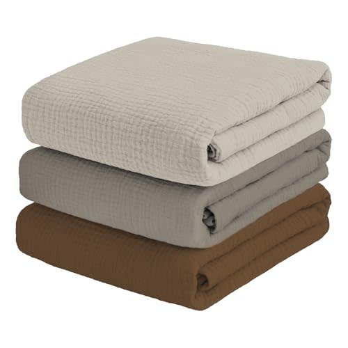 breebleep Muslin Swaddle Blankets for Baby Boy - 3 Pack 47x47 Inch Large Receiving Blankets, Soft Breathable Cotton Nursery Swaddles for Newborn, Infant & Todler (Cream White, Stone, Coffee)