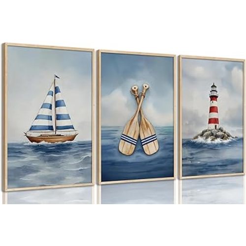 SEINEMBSC Blue Nautical Nursery Wall Art Vintage Sailboat Lighthouse Pictures Wall Decor Boy Coastal Posters Navy Sea Ocean Canvas Print Artwork for Kids Boys Room Playroom Bedroom Decor, Unframed