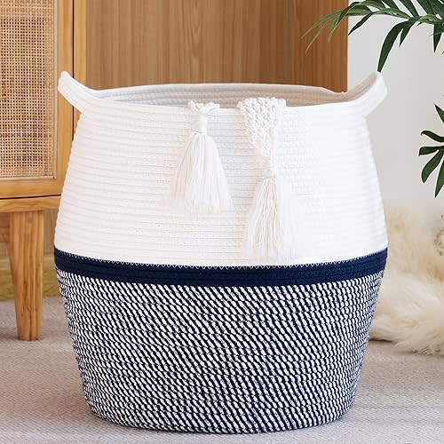 KAKAMAY Woven Baskets for Storage(17"x17"),Large Cotton Rope Basket Woven Baby Laundry Hamper,Collapsible Laundry Basket, Blanket Basket for Living Room,Nursery,Clothes, Toy chest(Navy Blue)