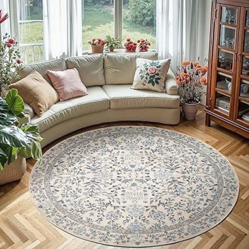 jinchan Zenith Round Rug 6ft Area Rug Soft 6'Round Vintage Floral Rug Non-Slip Low-Pile Machine Washable Carpet for Entryway Bedroom Living Room Dining Room Office Foyer Blue/Cream