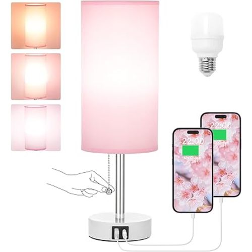 Hong-in Pink Bedside Lamp - 3 Color Modes, Small Lamp with USB-C and USB-A Charging Ports, Pull Chain, Nightstand Light for Bedroom, Office, Kids Room (Bulb Included)