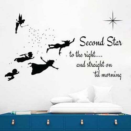 Second Star to The Right and Straight On Til Morning Peter Pan Quote Wall Decor I Tinker Bell Wall Decal for Child Room Decorations I Multiple Size Options (Wide 26" x 16" Height)