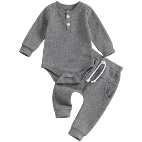 Kuriozud Newborn Baby Boy Clothes Button Long Sleeve Romper Bodysuit Pants Set Infant Soft Waffle Fall Winter Outfit
