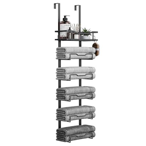 Hanging Towel Racks for Bathroom No Drill - 6-Tier Over The Door Bath Towel Storage Organizer for Small Bathrooms - Tiered Back of Door Towel Holder Hanger for Rolled Towels RV Camper Black