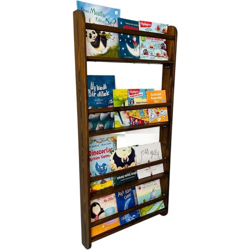 Real Wood Handmade Walnut Color Kids Wall Mounted Montessori Bookshelf for Nursery, Bedroom, Living Room (4 Tier, 48" Hx24 W)