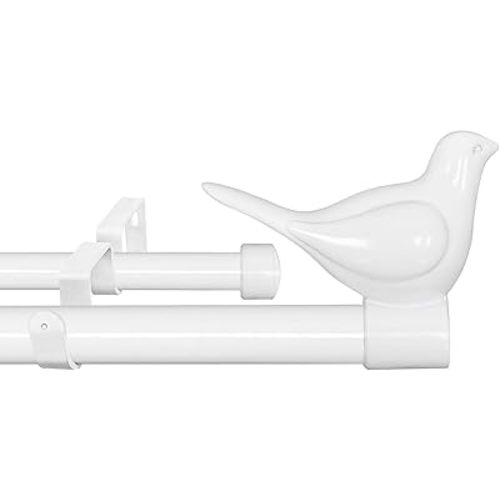 MERIVILLE 3/4" Diameter Farmhouse Double Window Treatment Curtain Rod, Bird Finials (28"-48", Glossy White)