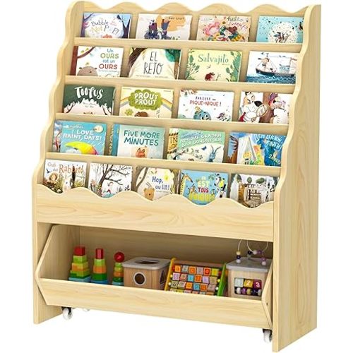 5-Tier Wooden Book Shelves, Large Size Kids Bookshelf and Toy Organizer, Toy Storage Drawer with Wheels for All Ages Boy and Girl, Toddler Scalloped Book Shelf for Kids Room Playroom Nursery