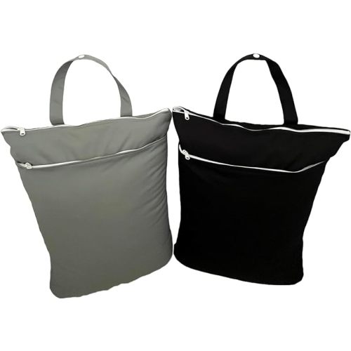 10X12 Inches - 2 Wet/Dry Storage Bags| Water/Odor Resistant | Machine Wash/Dry | For: Cloth Diapers, Daycare, Soiled Baby Items, Swimsuits, Gym, Yoga, Travel (Black & Grey -2 Zippered Compartments) - Grey & Black (Double Zipper)