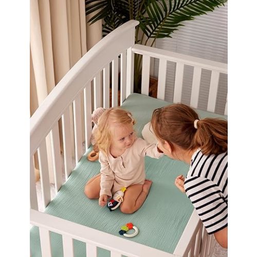 Momcozy Muslin Standard Fitted Crib Sheets, 52"x28", 2 Pack Soft Breathable Natural Cotton Baby Mattress Sheet, 360° Mattress Wrapping No Slip Boys Girls Neutral Toddler Bed Sheet, Light Green Grey