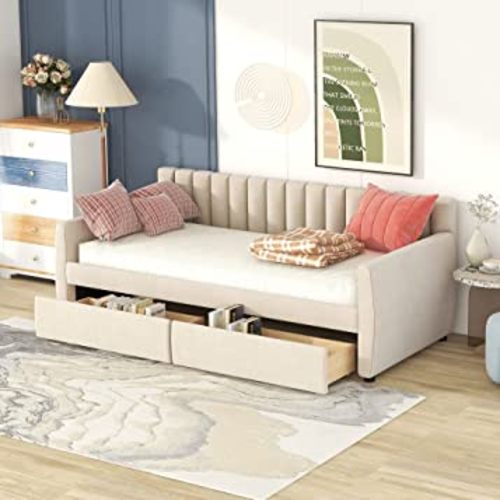 Twin Size Daybed with Storage Drawers, Upholstered Day Bed Frame Velvet Sofa Beds with Vertical Channel Tufted Headboard for Living Room, Bedroom, Beige