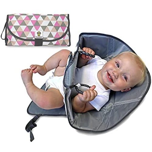 SnoofyBee Portable Clean Hands Changing Pad. 3-in-1 Diaper Clutch, Changing Station, and Diaper-Time Playmat with Redirection Barrier for Use with Infants, Babies and Toddlers. (Rose)