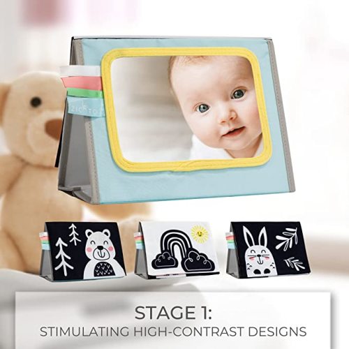 Soft Tummy Time Book with Large Stimulating Baby Safe Mirror - High Contrast Montessori Sensory Developmental Toy for Newborn/Infant 0-3 & 3-6 Months