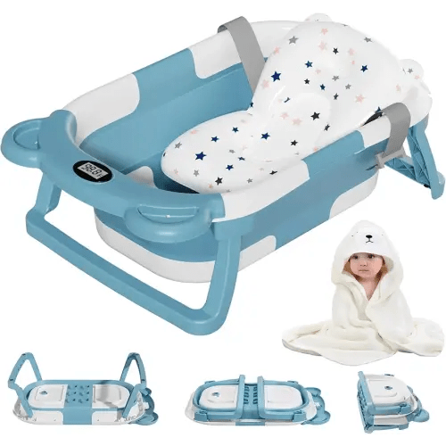MoreFeel Collapsible Baby Bathtub for Newborn with Thermometer & 1 Hooded Towel & 1 Soft Floating Cushion,Portable Travel Bathtub with Drain Hole, Durable Foldable Baby Tubs for Infants to Toddler