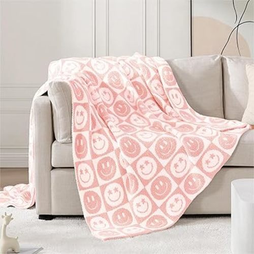 WRENSONGE Checkered Throw Blanket Blossom Smiling Face Soft Cozy Fluffy Warm Hand Made Weave Throw Blankets for Couch, Sofa, Chair, Bed, Camping, Picnic, Travel Lightweight Bed Blanket - 60"*80"