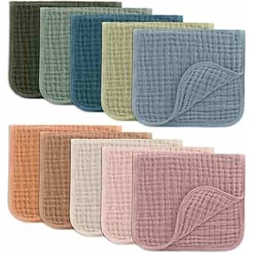 Comfy Cubs Muslin Burp Cloths Large 100% Cotton Hand Washcloths for Babies, Baby Essentials 6 Layers Extra Absorbent and Soft Boys & Girls Baby Bibs & Burp Cloths Set (Multicolor, 10-Pack, 20" X10")