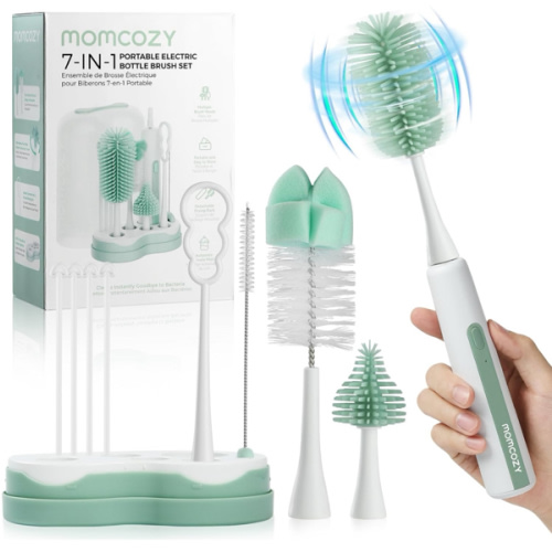 Momcozy 7 in 1 Electric Bottle Brush Kit, Portable Cleaning Set with Formula Mixer, Silicone Brush, Nipple Brush, Straw Brush, Soap Dispenser, Drying Rack - Long Battery Life for Home & Travel